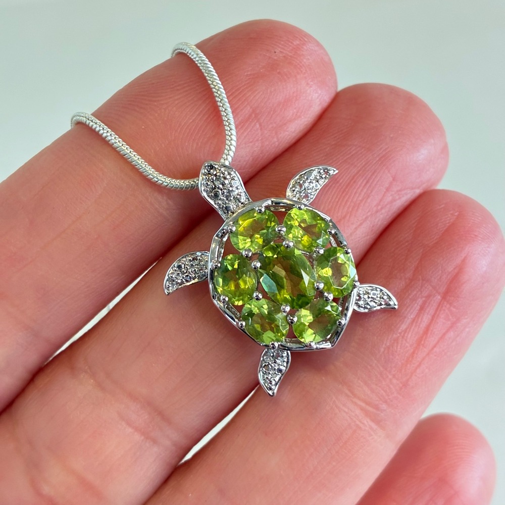 Turtle Pendant Necklace Peridot Sterling Silver Green Stones 925 Snake Chain